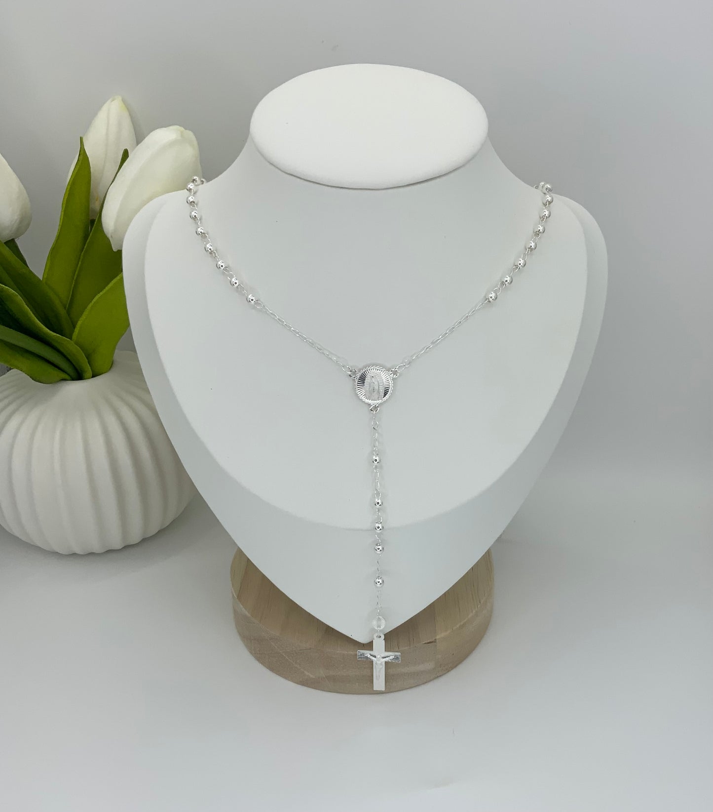 Rosary Necklace Virgen Medal - Sterling Silver 925 22”