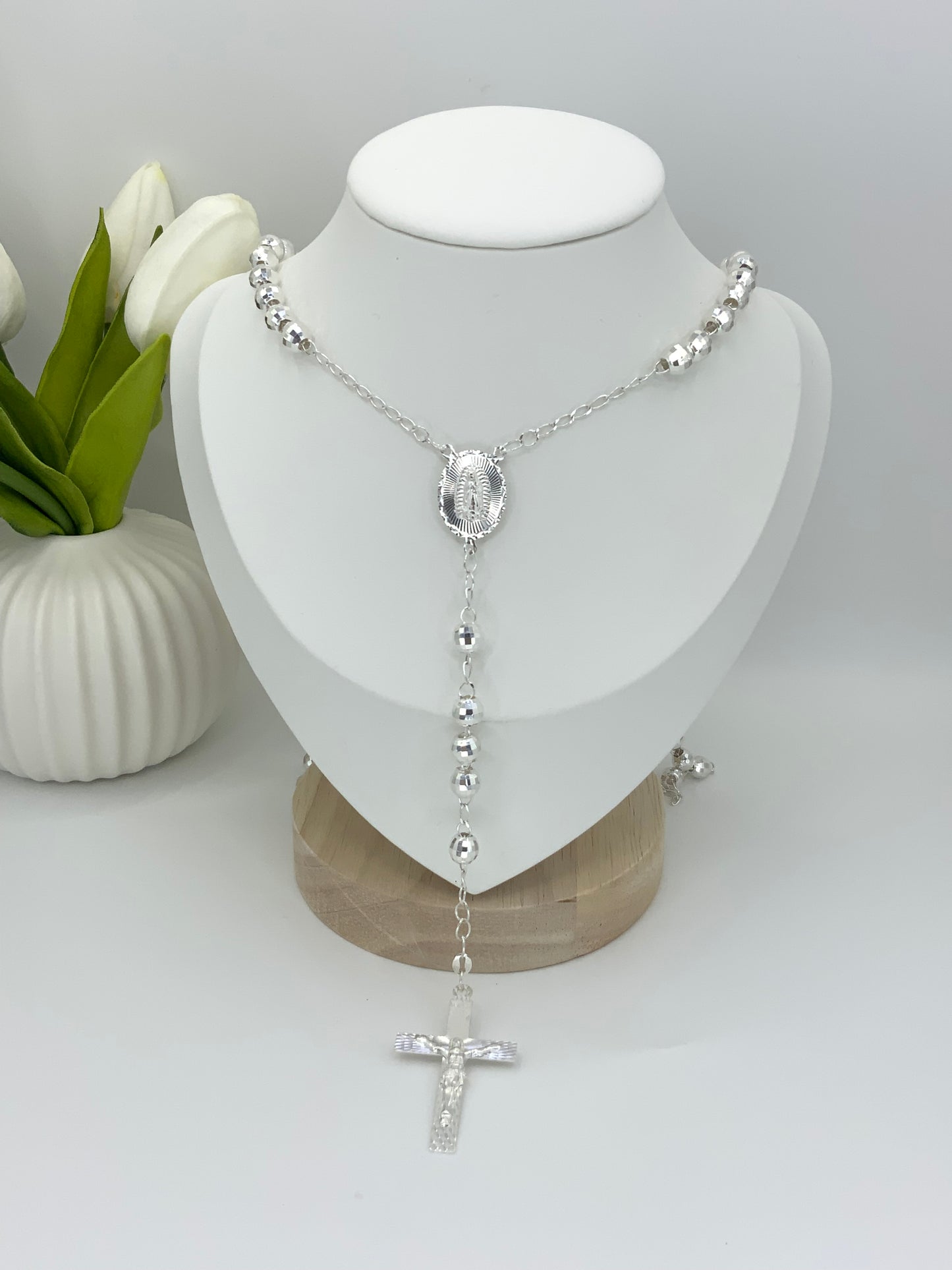 Rosary Necklace Virgin Mary Medall Oval Sterling Silver925