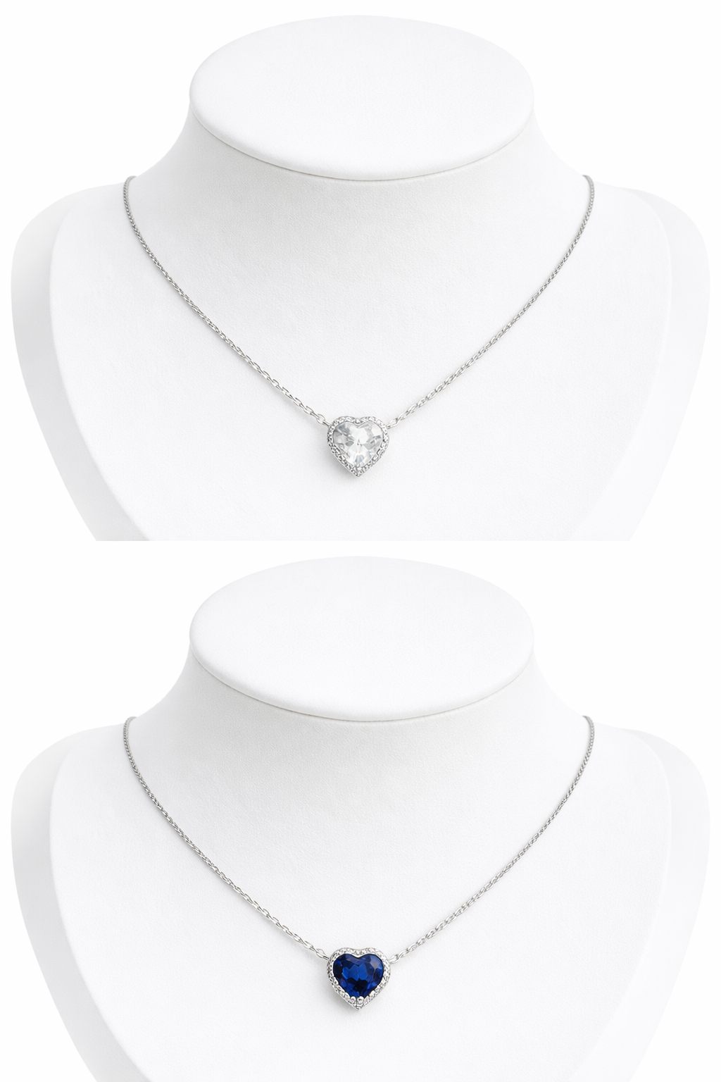 Reversible Heart Necklace – Sapphire & Crystal (Double-Sided) 10mm