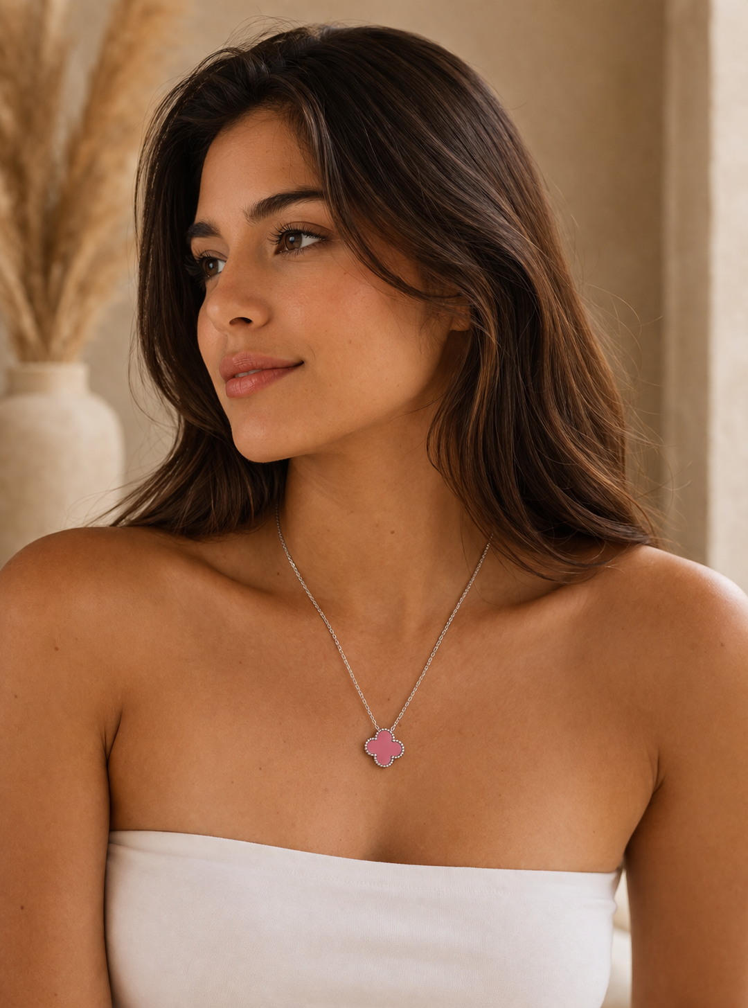 Pink Clover Necklace Sterling Silver 925- 15mm