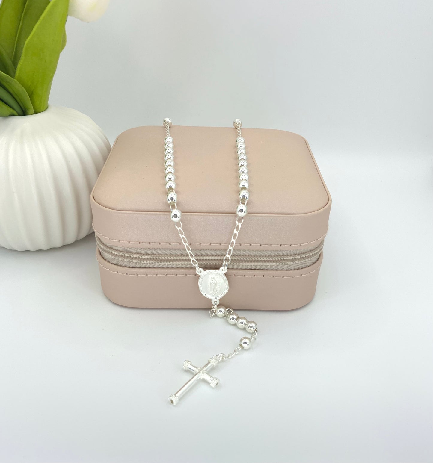 Rosary Necklace Religious-Virgin Medal -Sterling Silver 925 24”