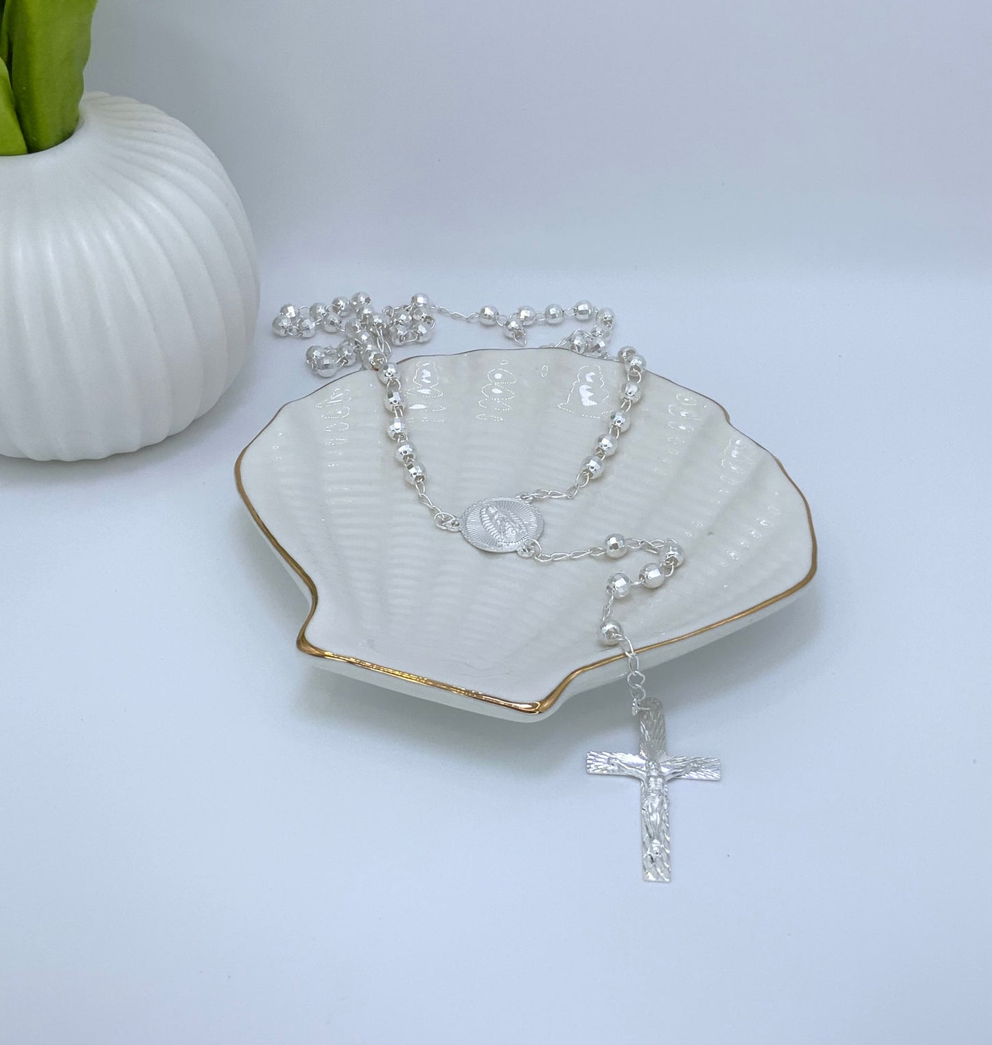 Rosary Necklace Religious Virgin Medal Sterling Silver 925 22’