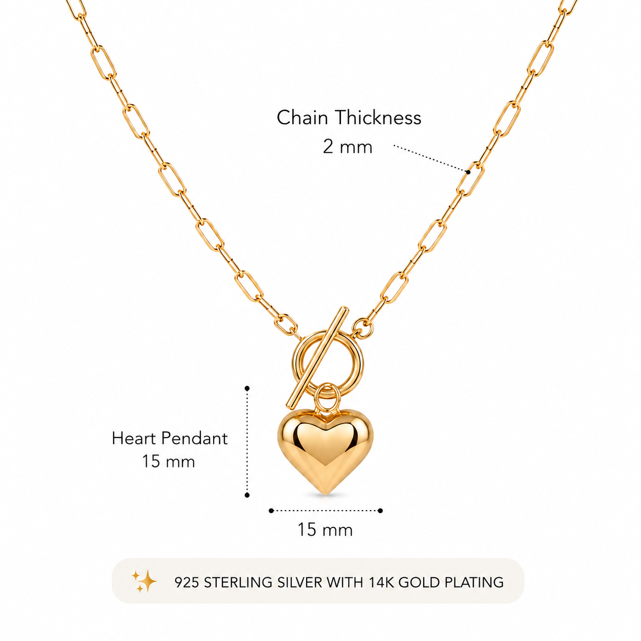 Golden Love Paperclip Necklace - 925 Sterling Silver