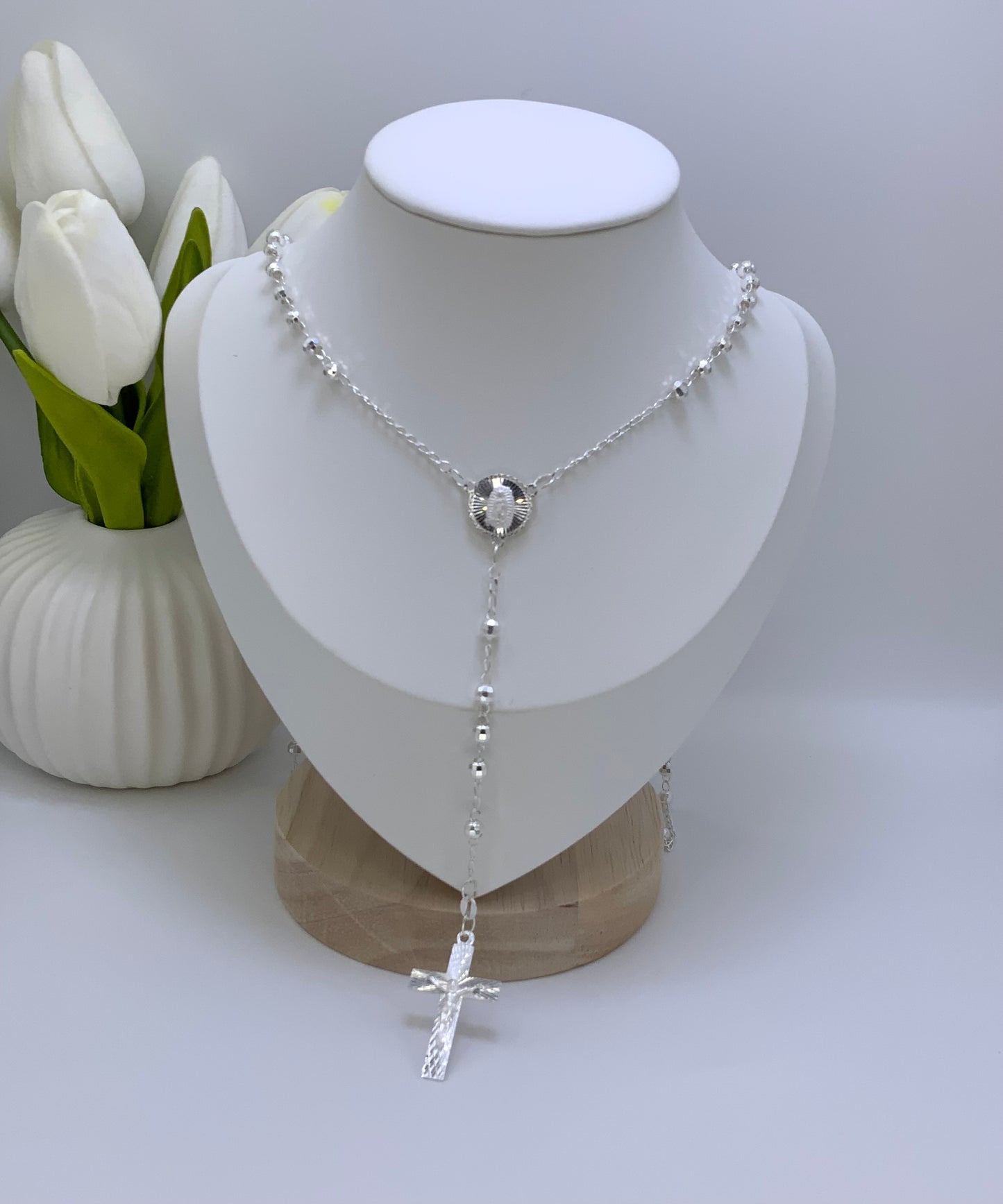Rosary Necklace Religious-Virgin Medal -Sterling Silver 925 24”