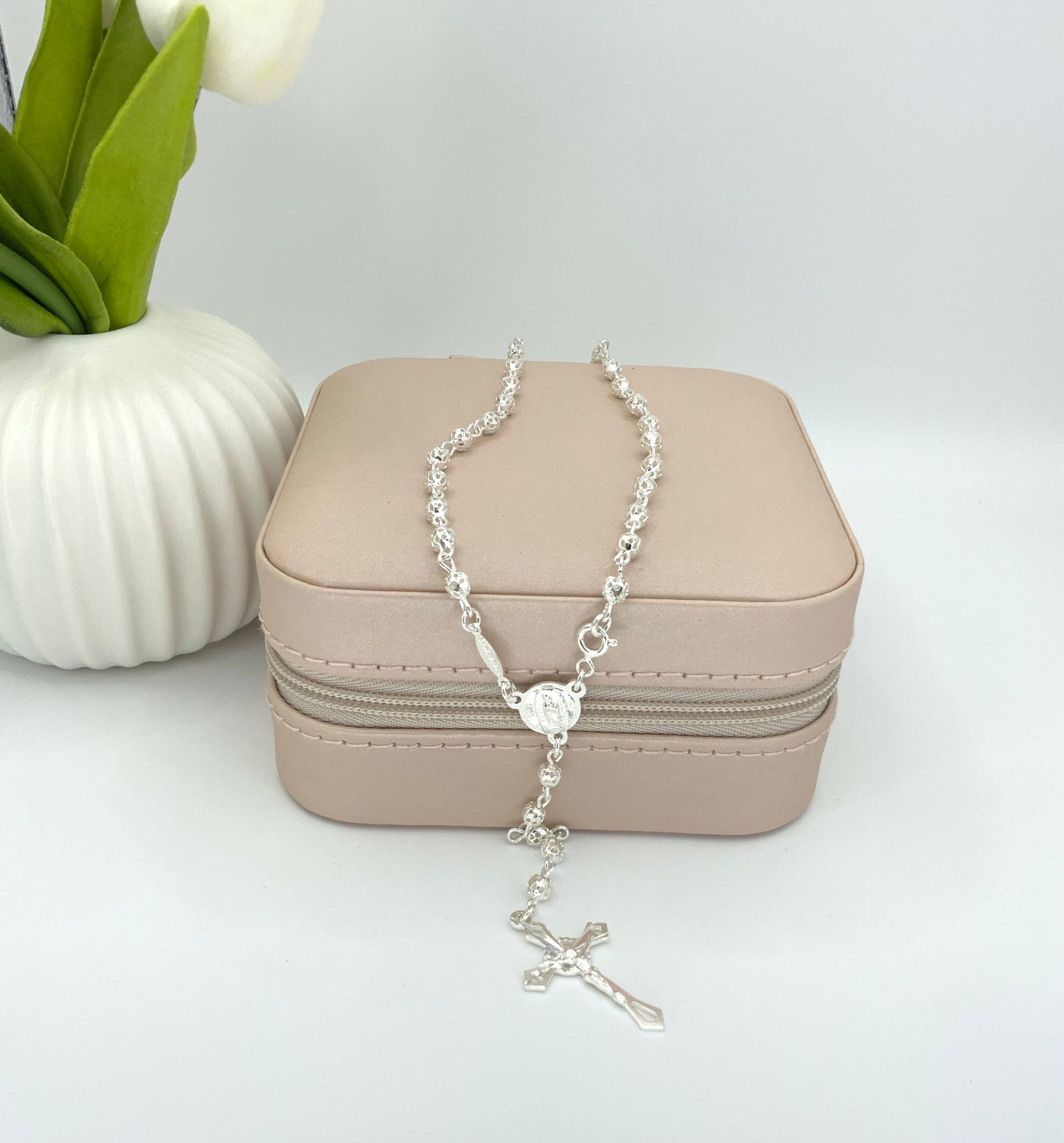Rosary Necklace Religious Virgin Medal Sterling Silver 925 24”