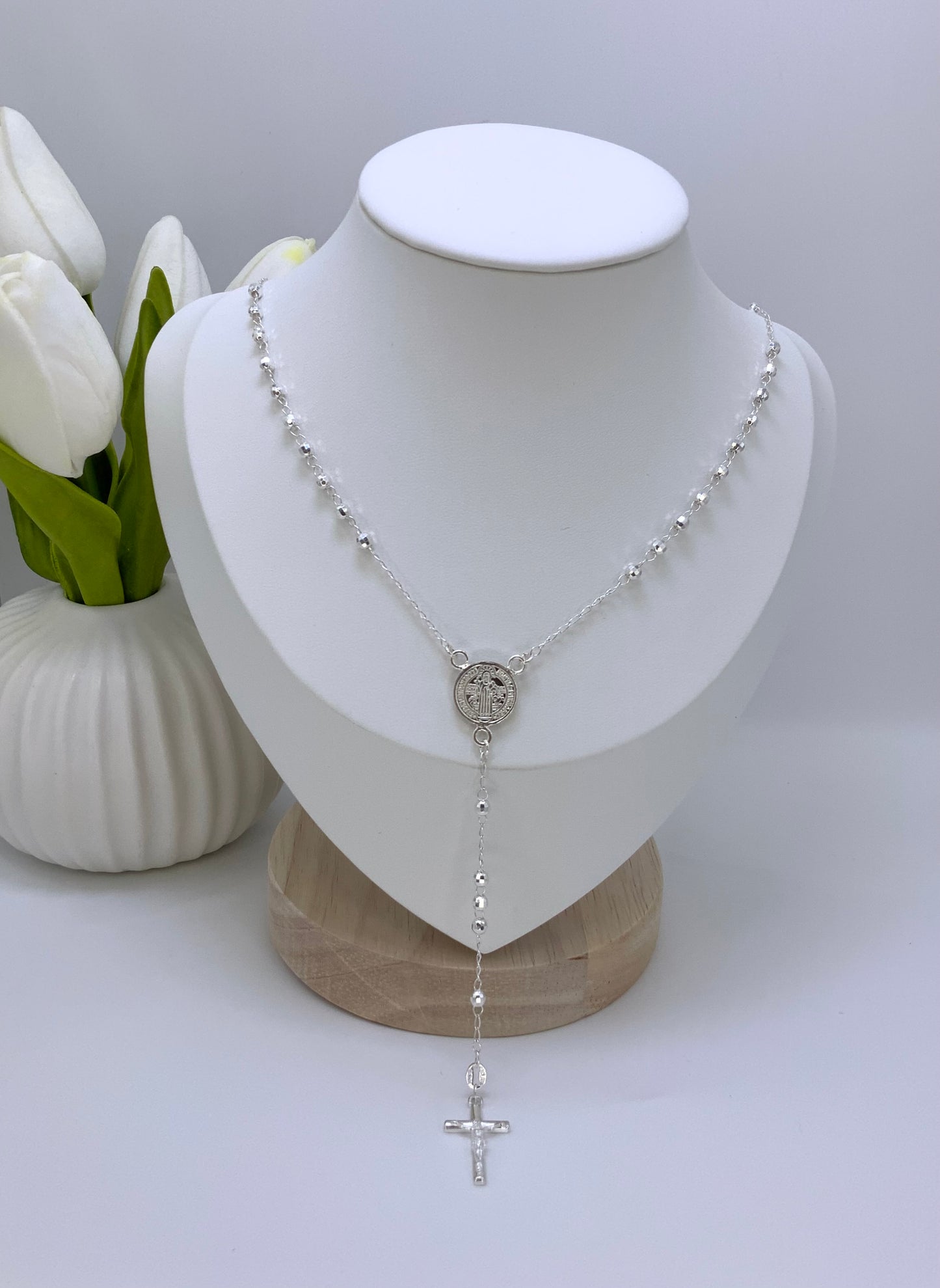 Rosary Necklace Religious- Saint Benedict -Sterling Silver 925