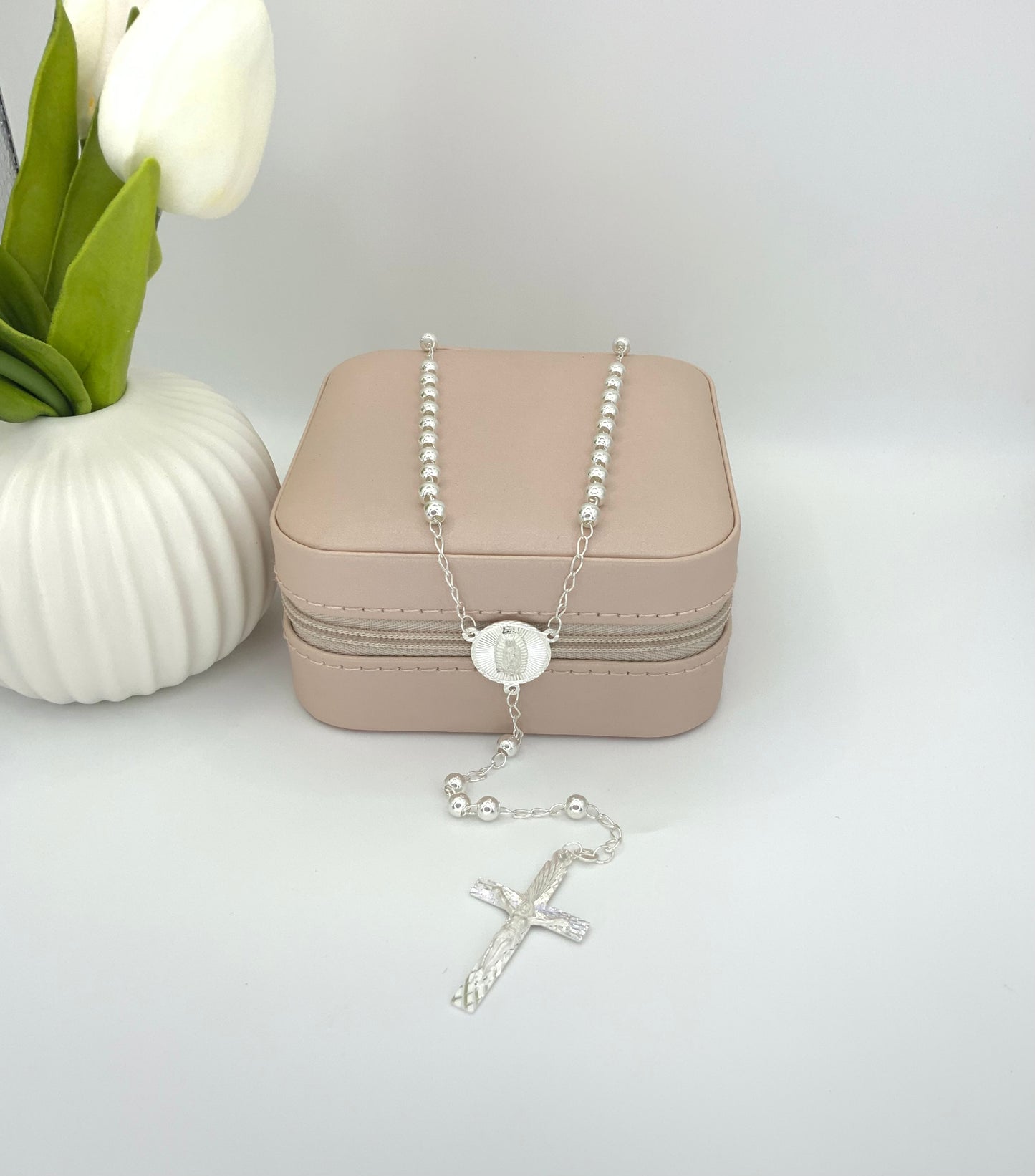 Rosary Necklace Virgin Medal -Sterling Silver 925 22”