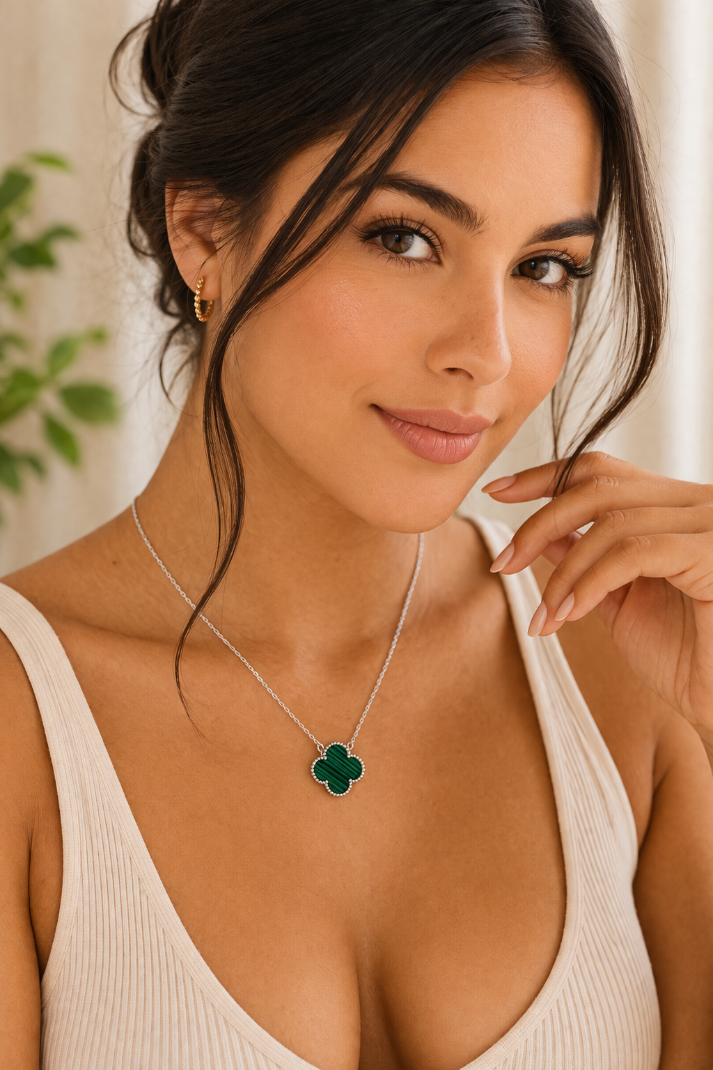 Malachite Clover Necklace 925 Sterling Silver-15mm
