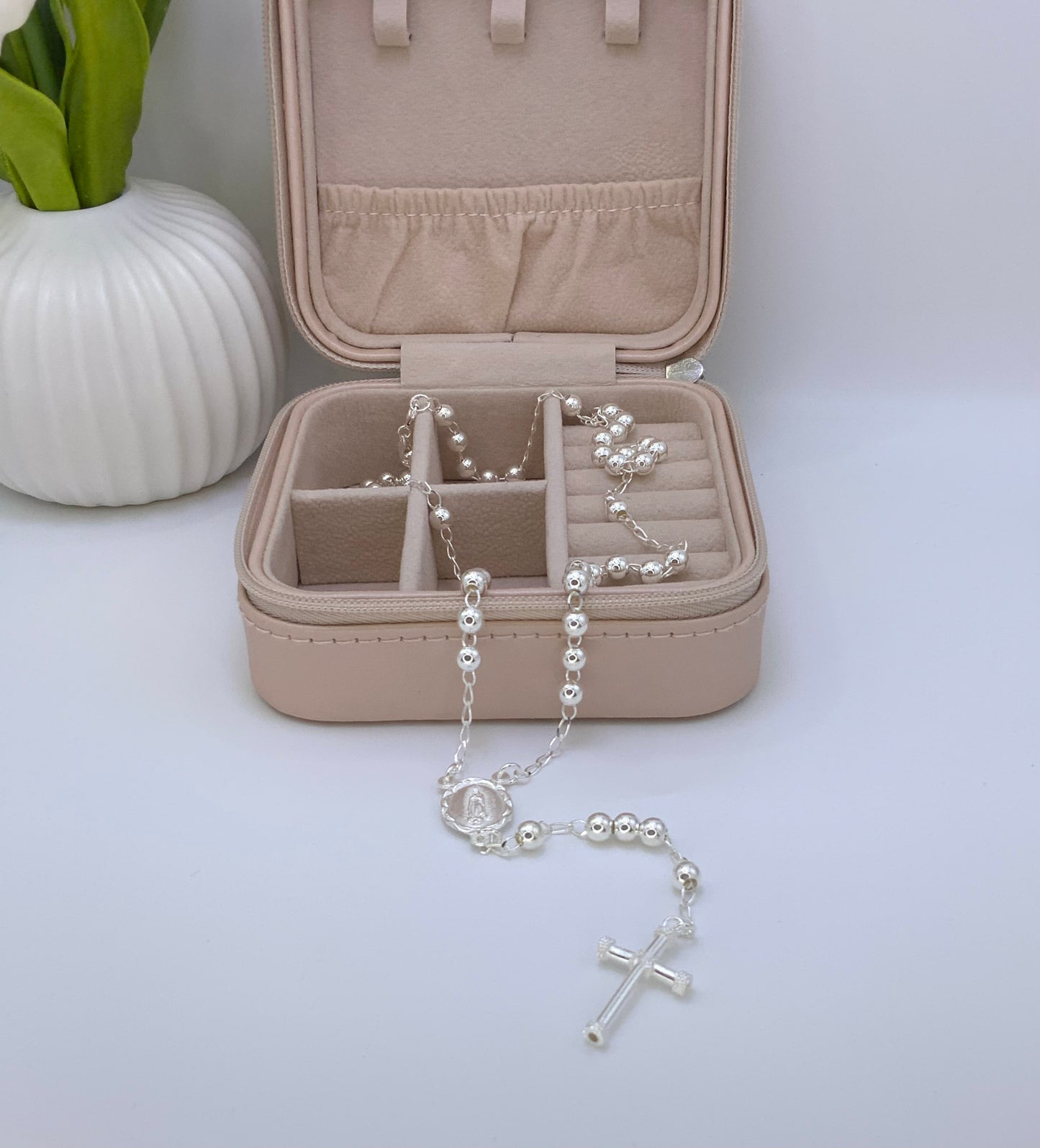 Rosary Necklace Religious- Virgin Oval Medal Sterling Silver 925 24”