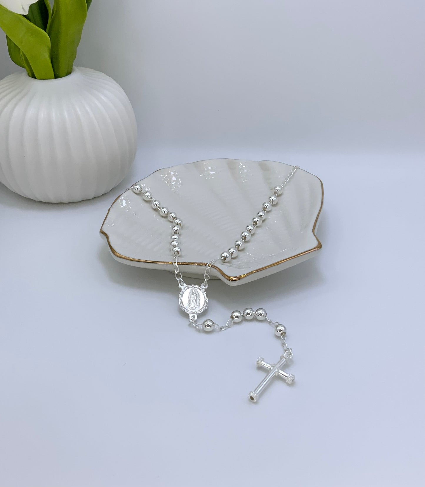 Rosary Necklace Religious- Virgin Oval Medal Sterling Silver 925 24”