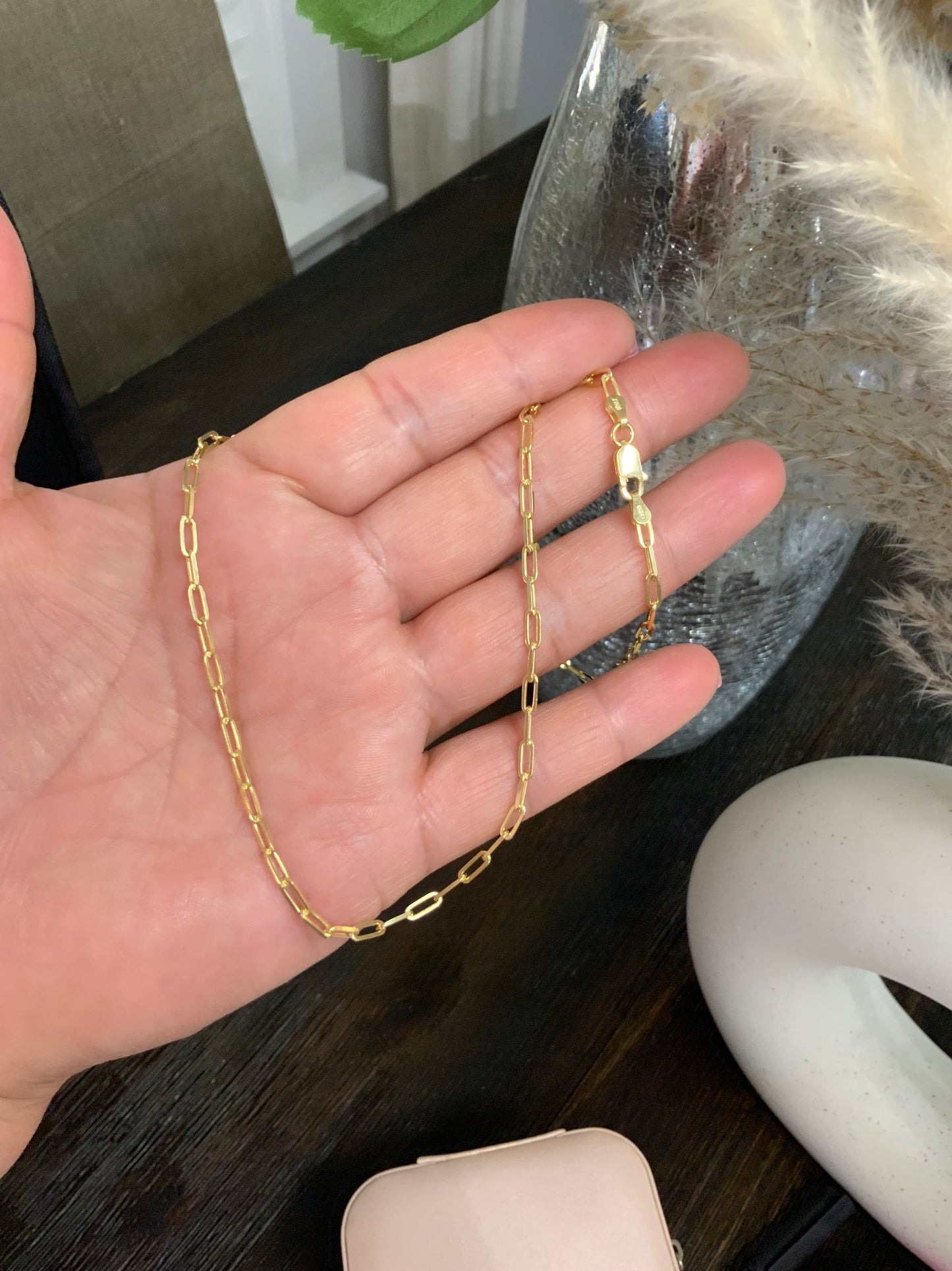 Paperclip Gold Chain Necklace Sterling Silver 925 18”