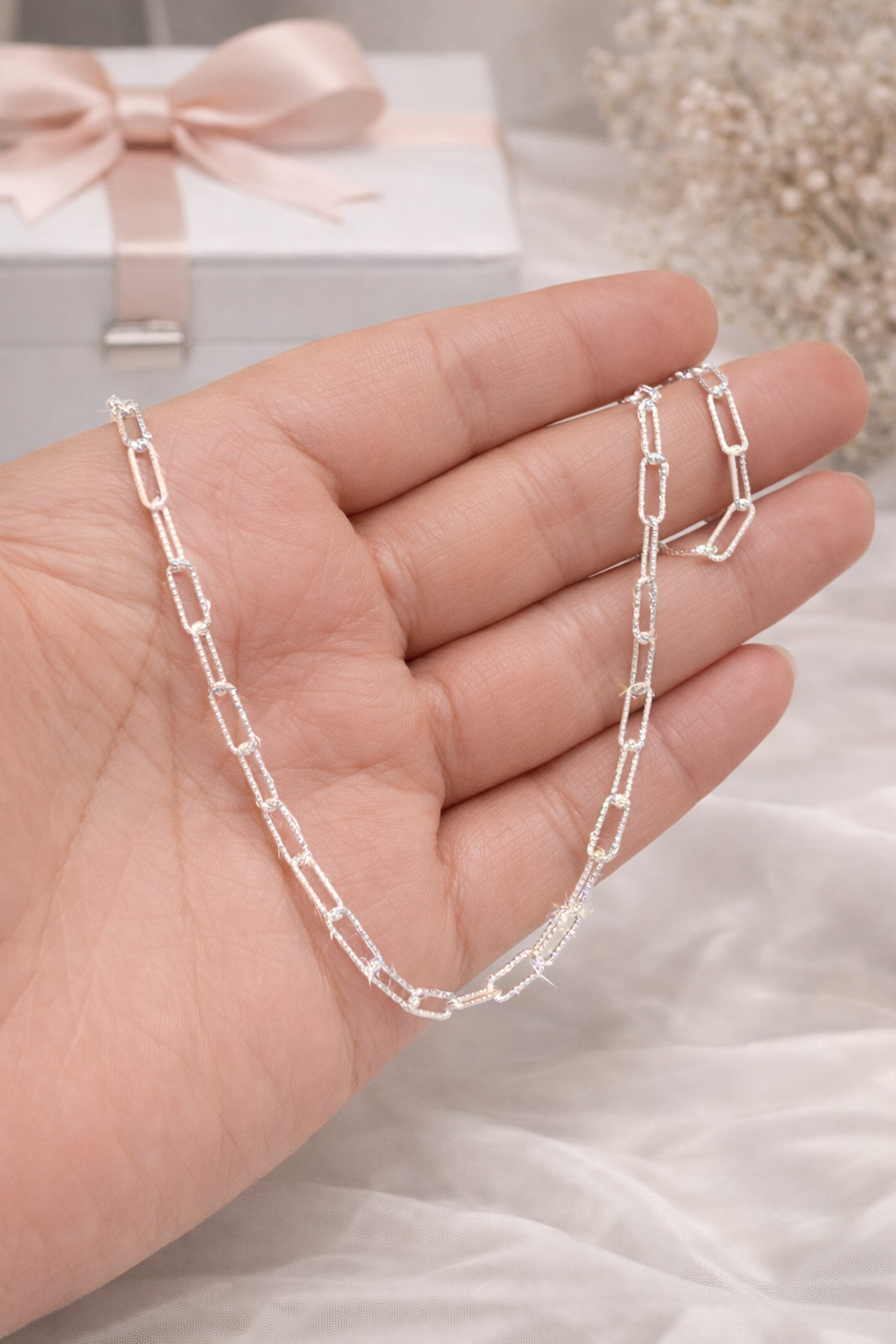 Paperclip Chain Necklace Diamont Cut -Sterling Silver 925 20” 3mm