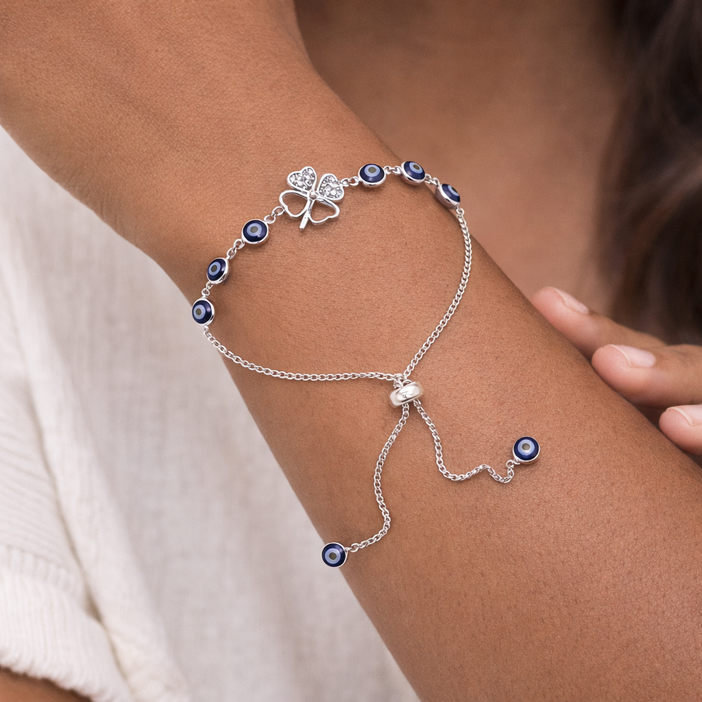Lucky Clover Evil Eye Bracelet Adjustable 925 Sterling Silver