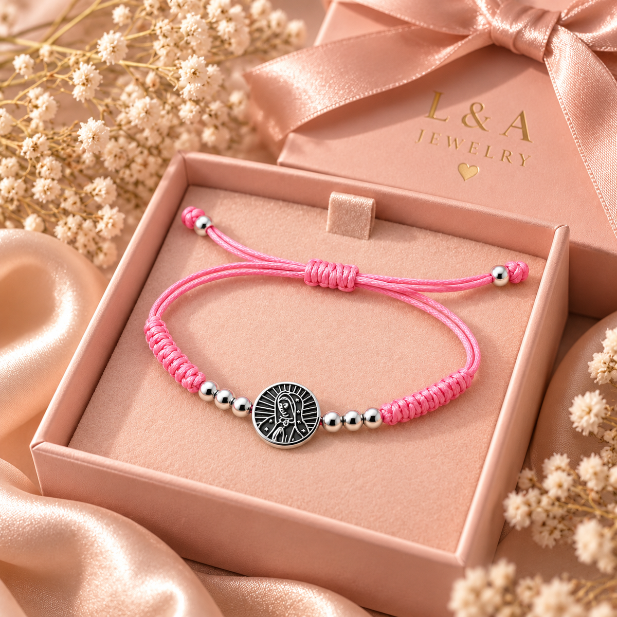 Guadalupe Divine Grace – Pink String Bracelet-925 Sterling Silver