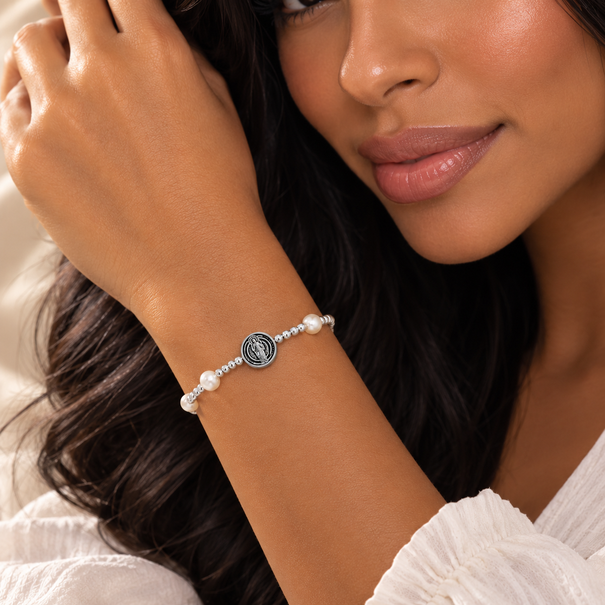✨ Divine Hope – Saint Jude Thaddeus Pearl Bracelet-Silver 925