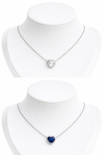 Reversible Heart Necklace – Sapphire & Crystal (Double-Sided) 10mm
