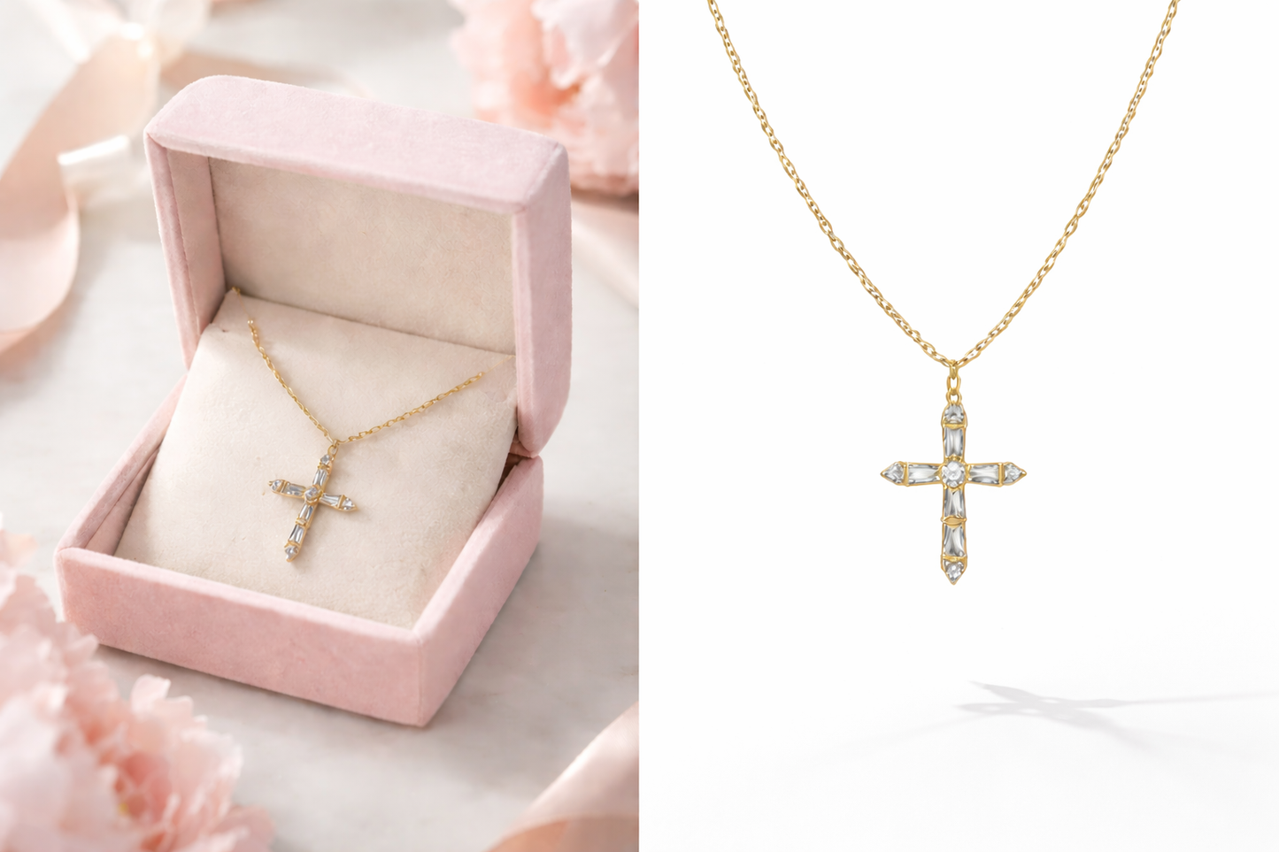 Gold Cross Necklace with CZ - Sterling Silver 925 -18 inch
