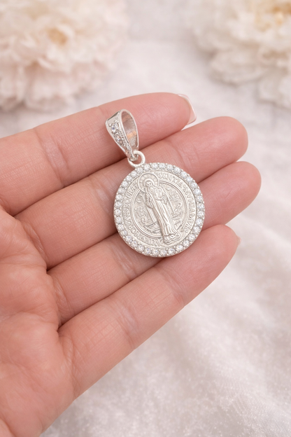Saint Benedict Large Pendant with Zc -Sterling Silver 925 -1.8”