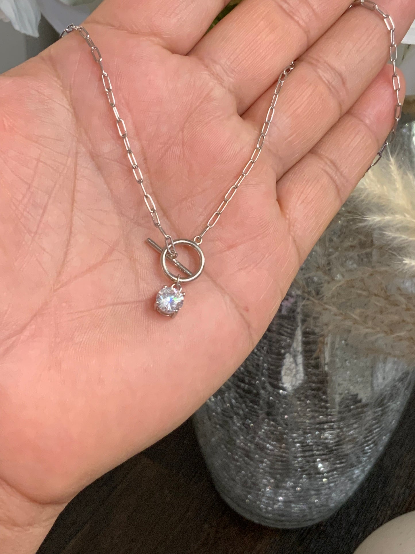 Paperclip Necklace with CZ Sterling Silver 925 18”