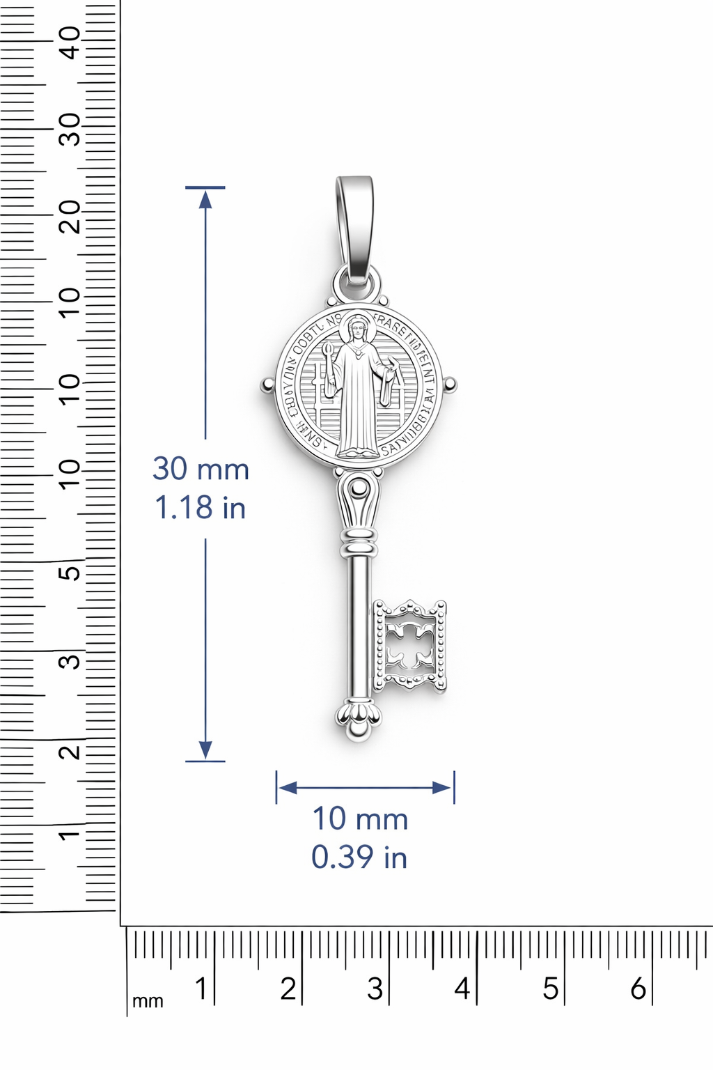 Saint Benedict Key Pendant - Sterling Silver 925- 1.18”