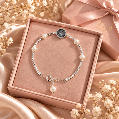 Divine Grace – Saint Benedict Pearl Bracelet | Sterling Silver 925