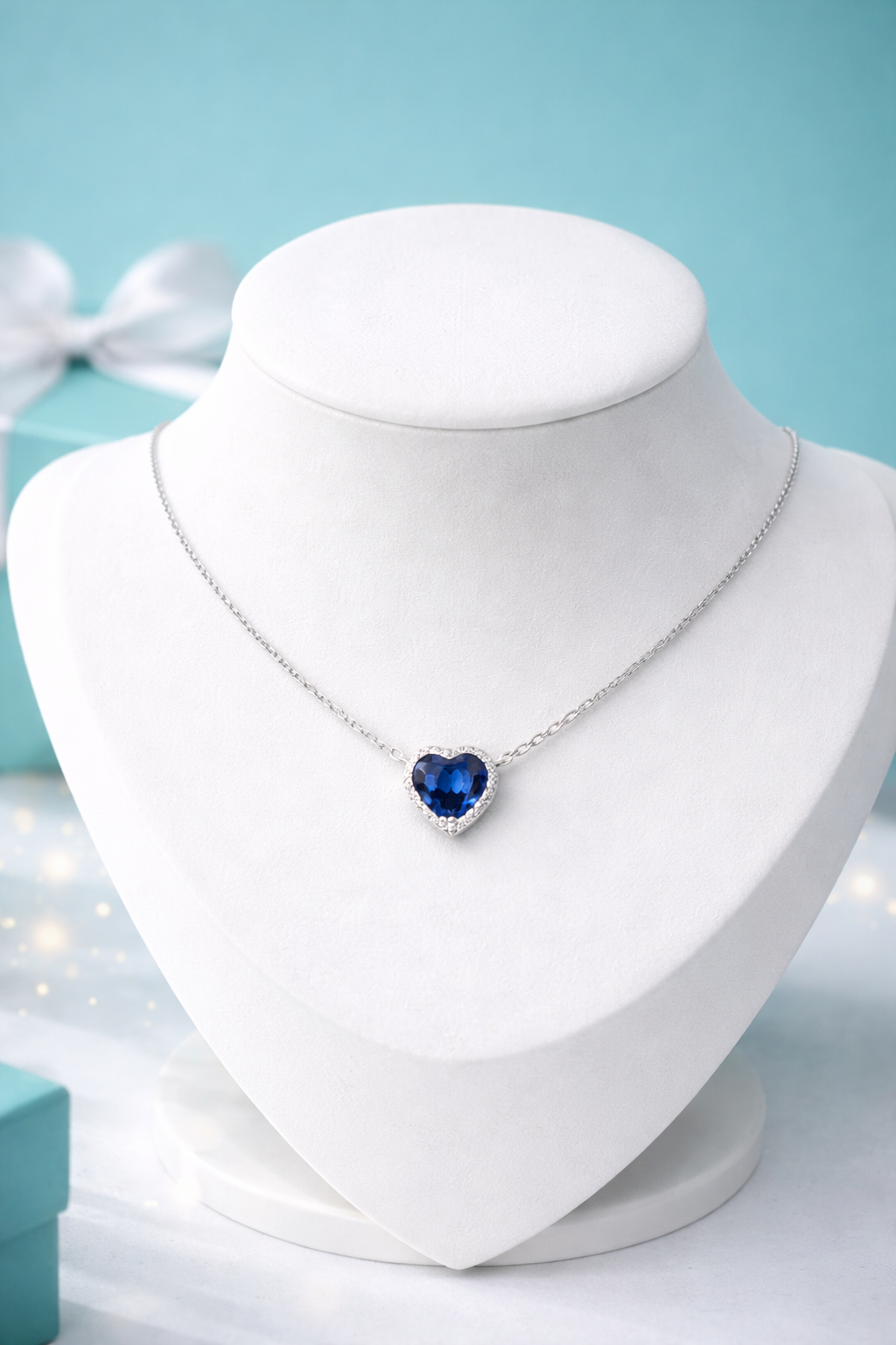 Reversible Heart Necklace – Sapphire & Crystal (Double-Sided) 10mm