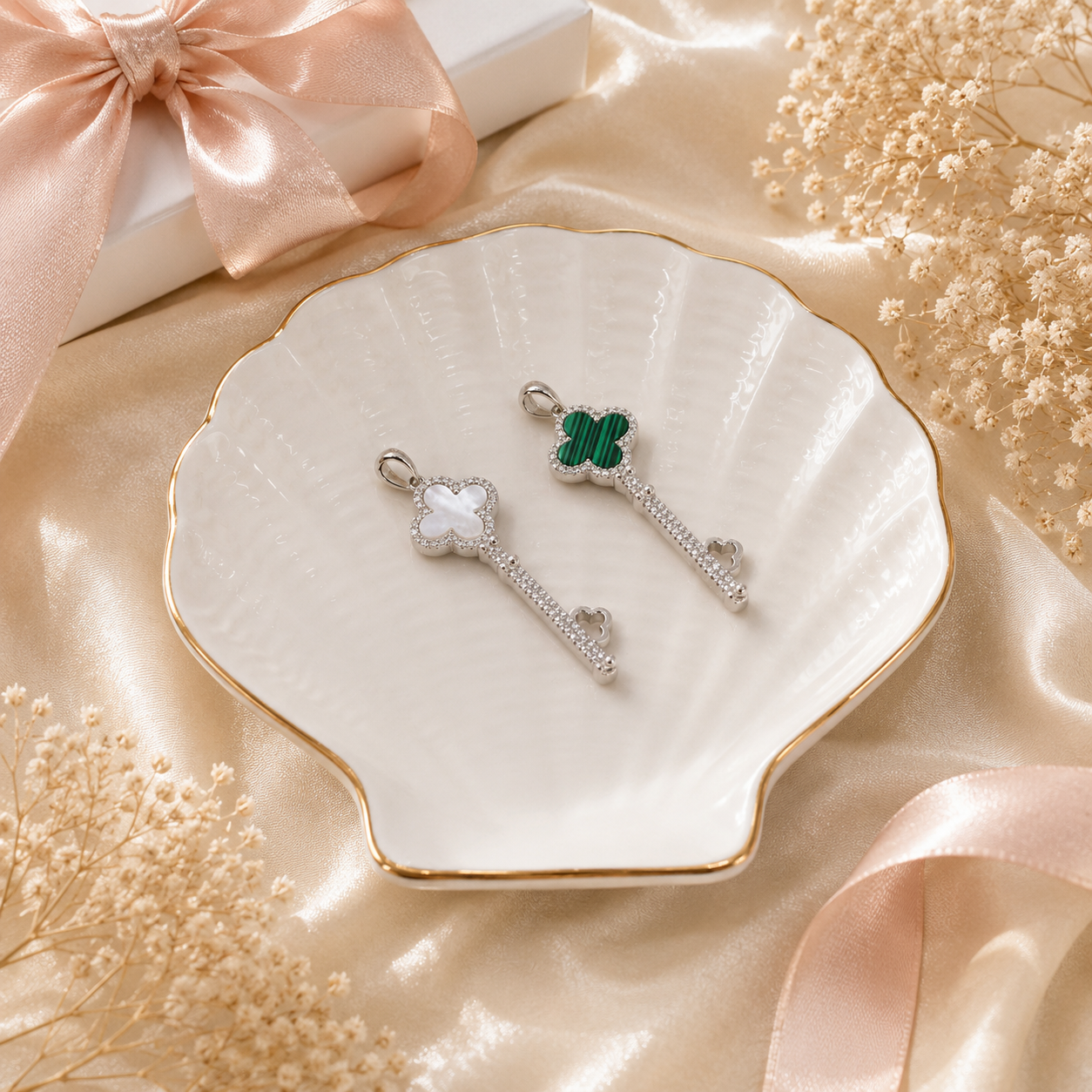 Key Pendant Sterling Silver 925 Pearl - Malachite -45mm
