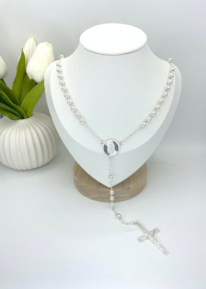 Rosary Necklace Virgin Medal -Sterling Silver 925 22”