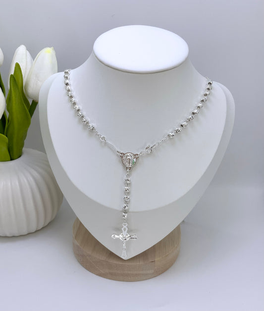 Rosary Necklace Religious Virgin Medal Sterling Silver 925 24”