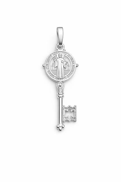 Saint Benedict Key Pendant - Sterling Silver 925- 1.18”