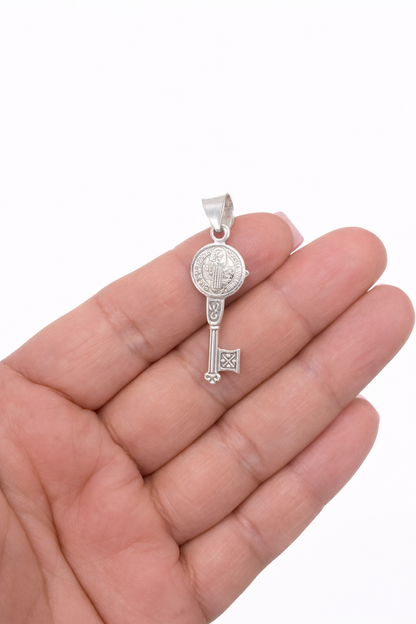 Saint Benedict Key Pendant - Sterling Silver 925 - 1.25”