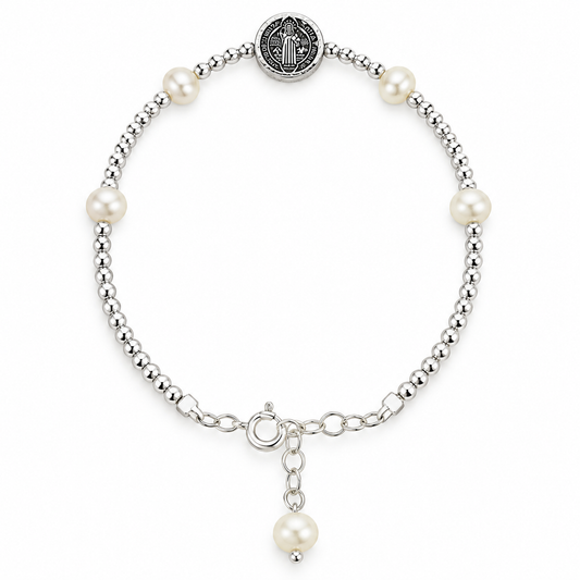 Divine Grace – Saint Benedict Pearl Bracelet | Sterling Silver 925