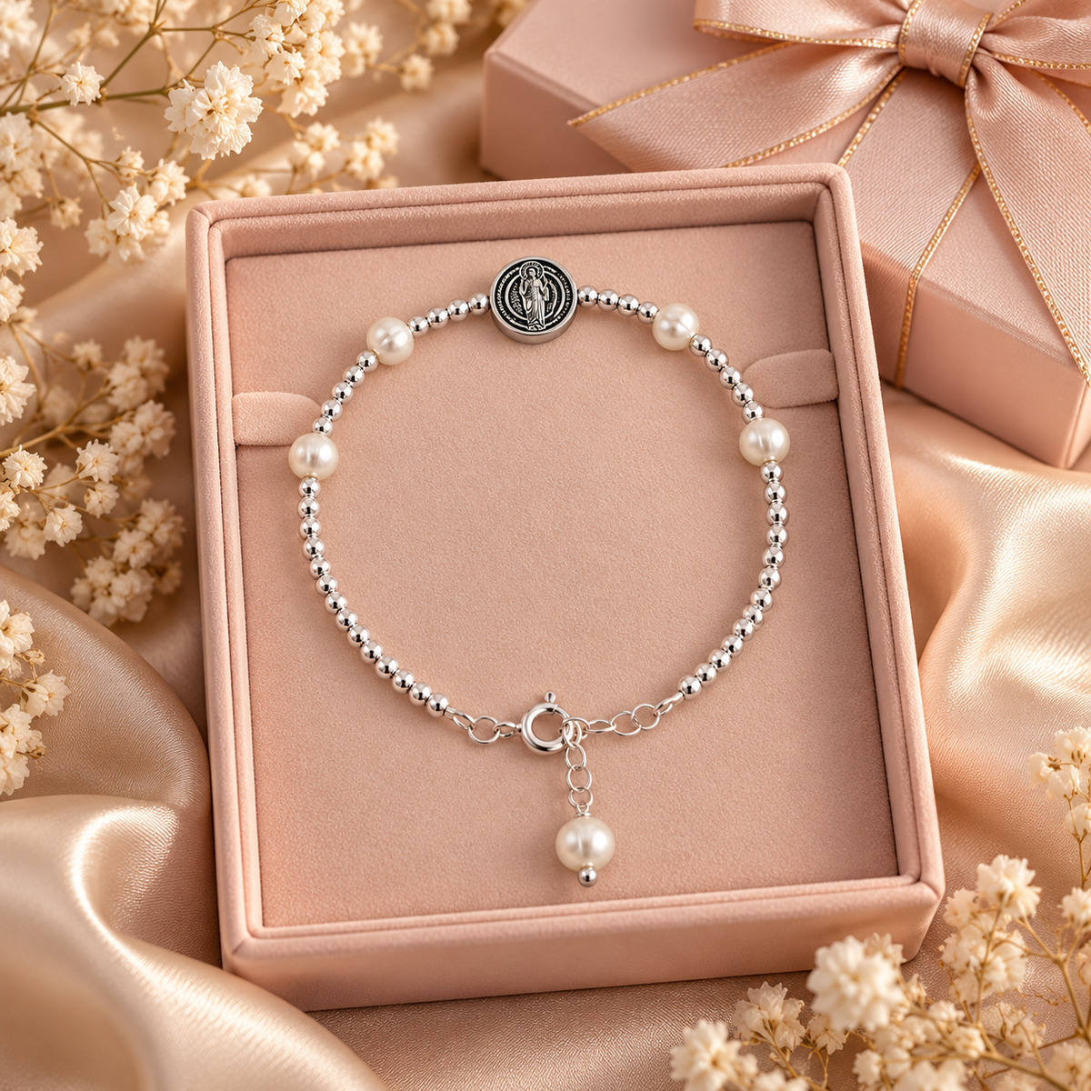✨ Divine Hope – Saint Jude Thaddeus Pearl Bracelet-Silver 925