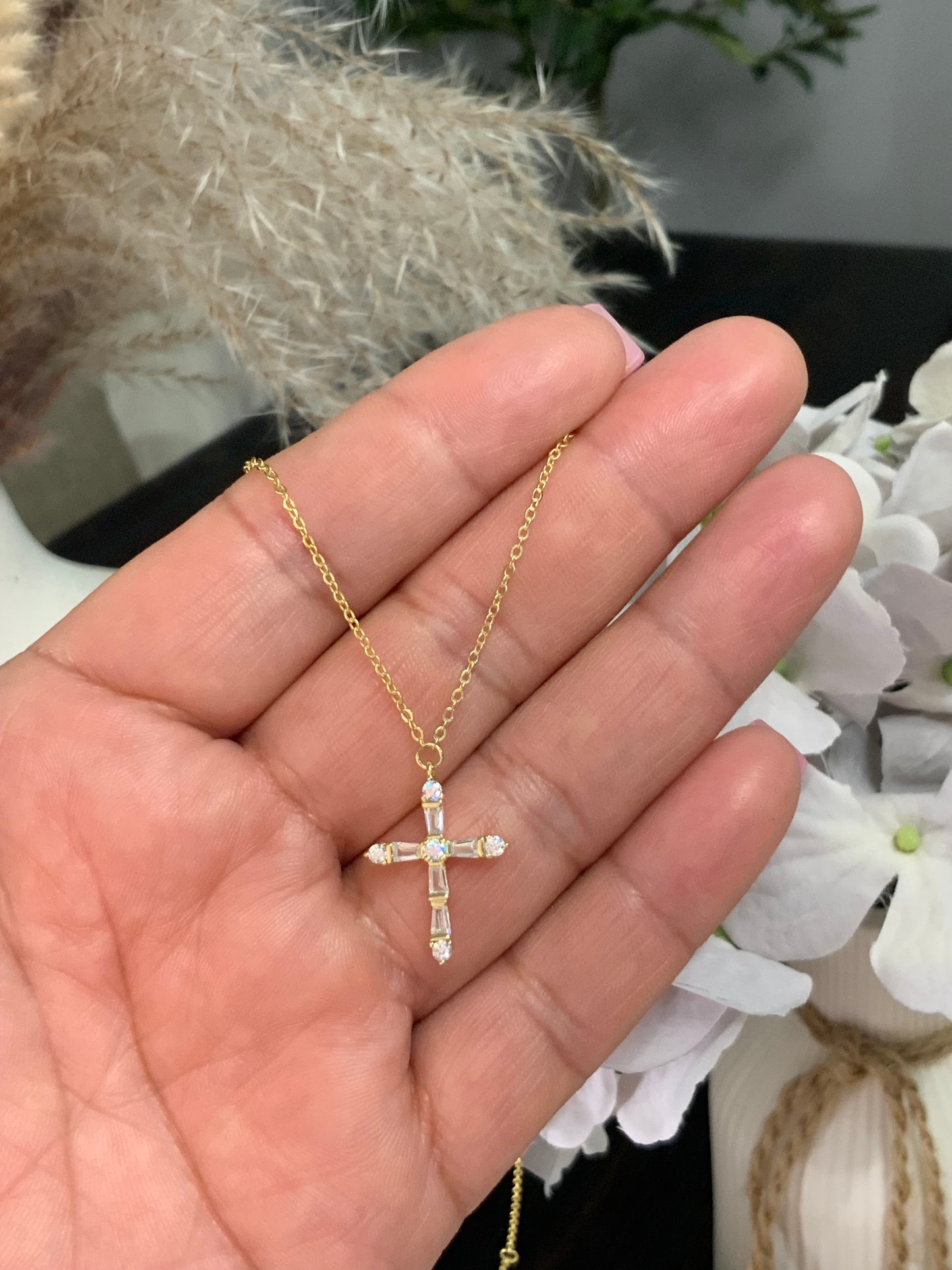 Gold Cross Necklace with CZ - Sterling Silver 925 -18 inch