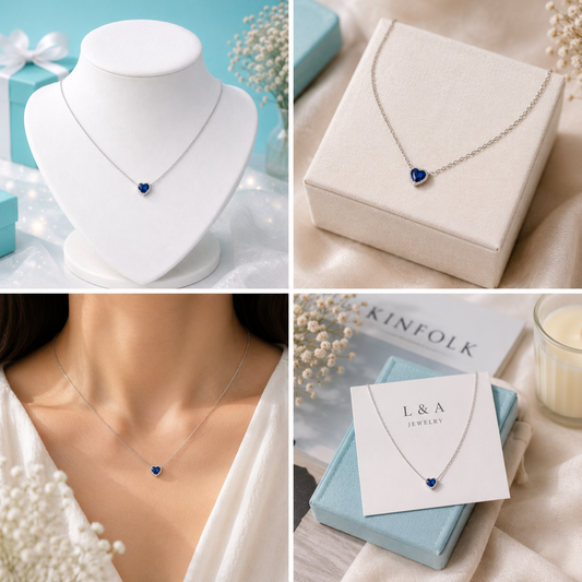 Reversible Heart Necklace – Sapphire & Crystal (Double-Sided) 10mm