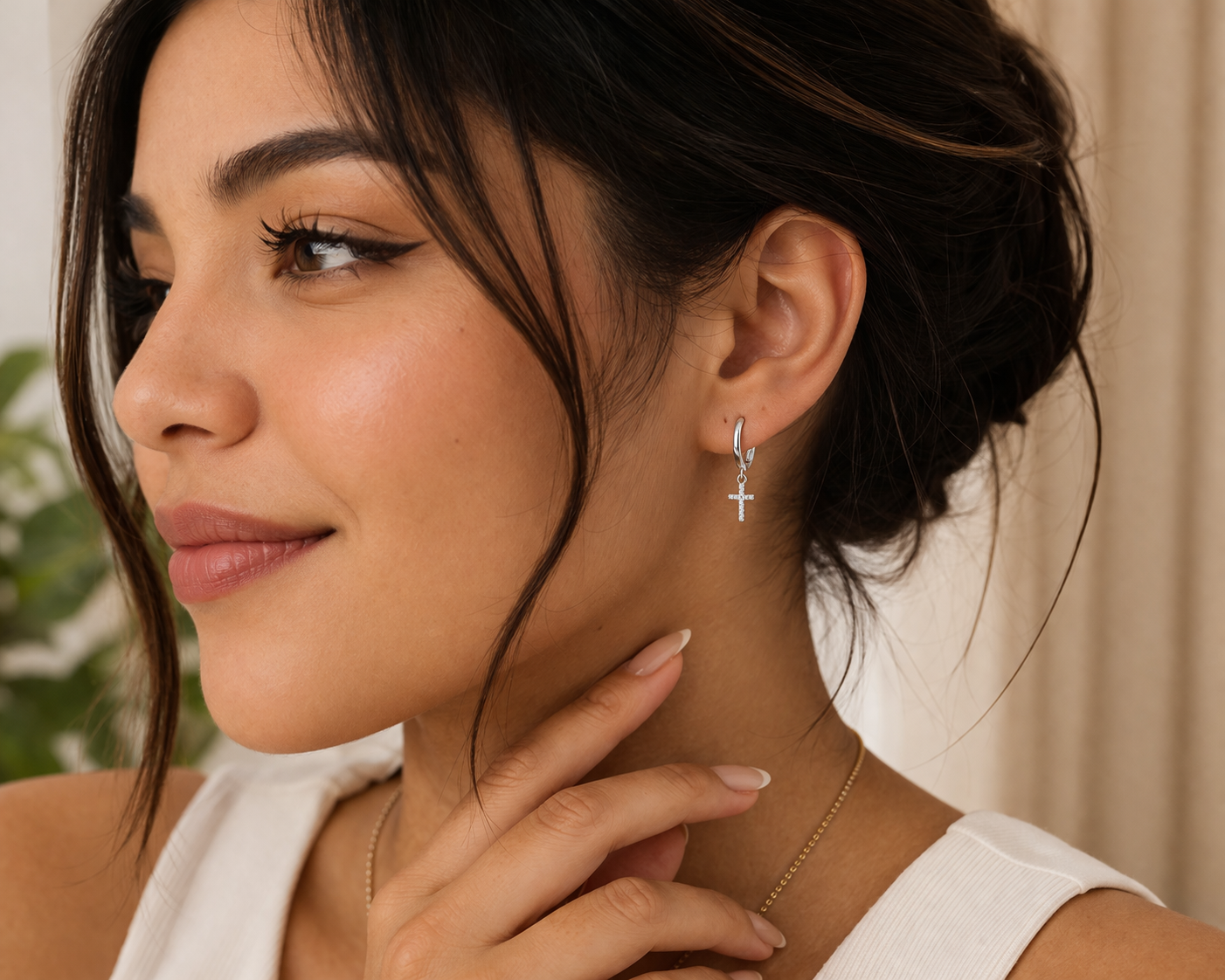 Cross Huggies  Earrings With Zc Sterling Silver 925 - 10 mm