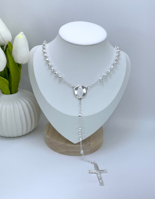 Rosary Necklace Religious Virgin  Medal Sterling Silver 925 22’