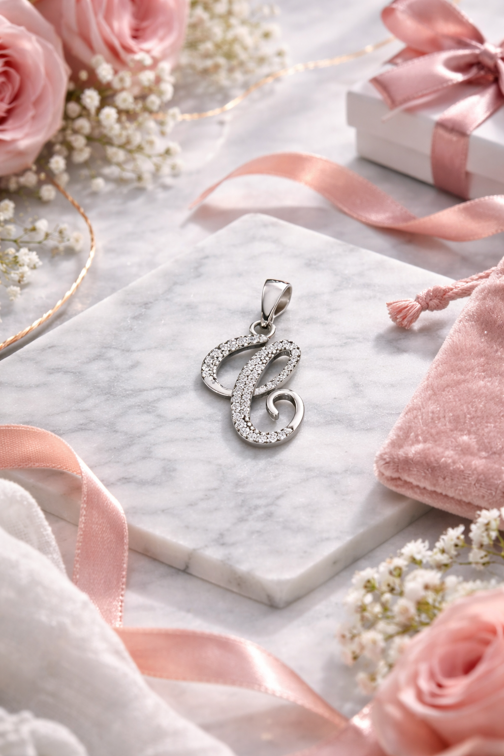 Initial Pendant CZ Sterling Silver 925 - 0.85”