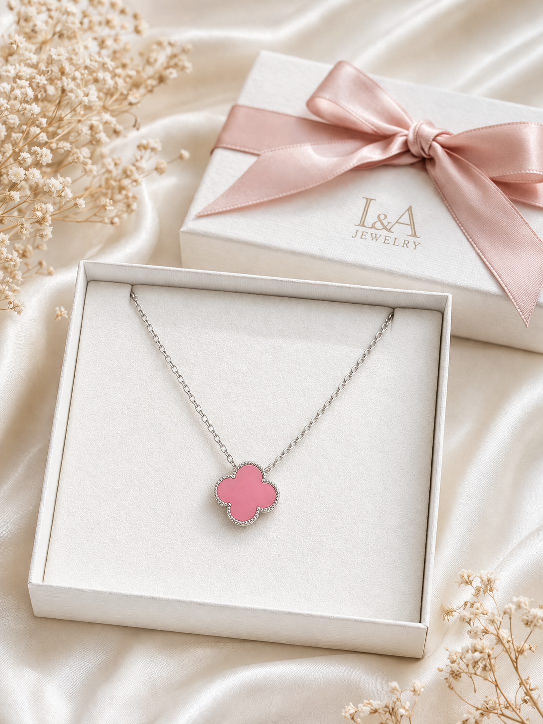 Pink  Clover Necklace Sterling Silver 925- 15mm