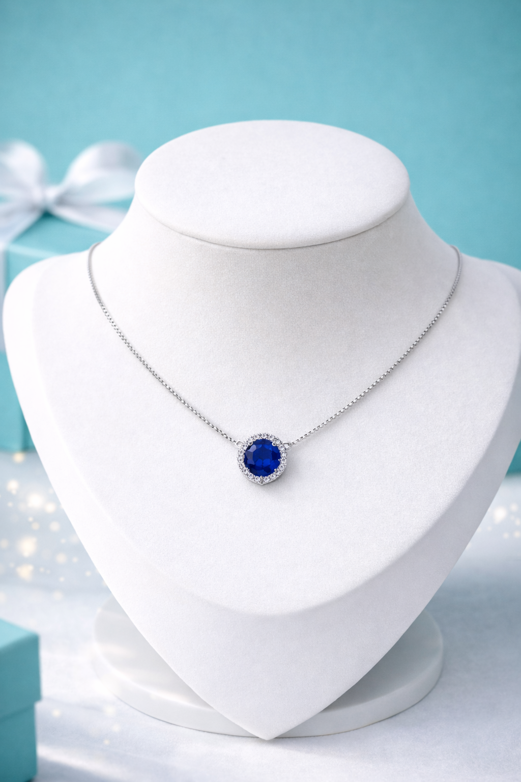 Reversible Heart Necklace – Sapphire & Crystal (Double-Sided) 10mm