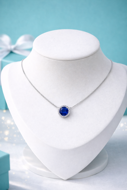 Reversible Heart Necklace – Sapphire & Crystal (Double-Sided) 10mm