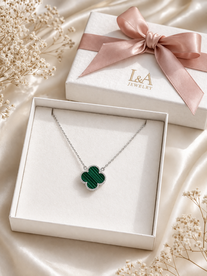 Malachite Clover Necklace 925 Sterling Silver-15mm