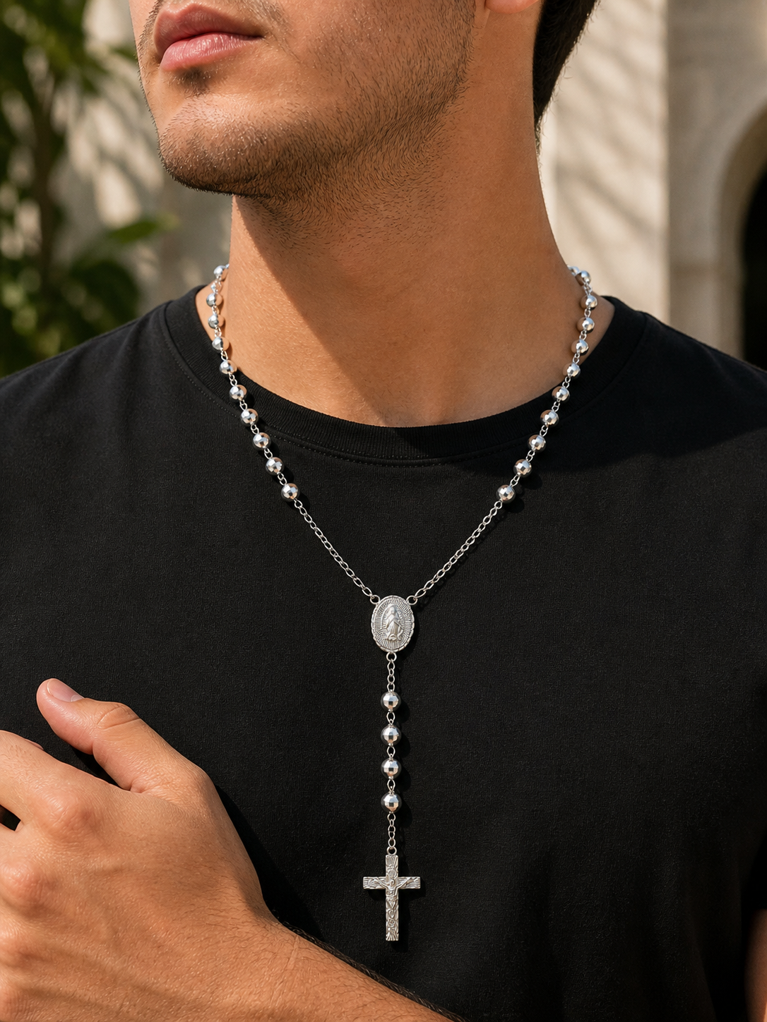 Rosary Necklace  Virgin Mary Medall Oval Sterling Silver925 - 6mm- 25”