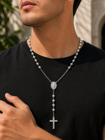 Rosary Necklace  Virgin Mary Medall Oval Sterling Silver925 - 6mm- 25”