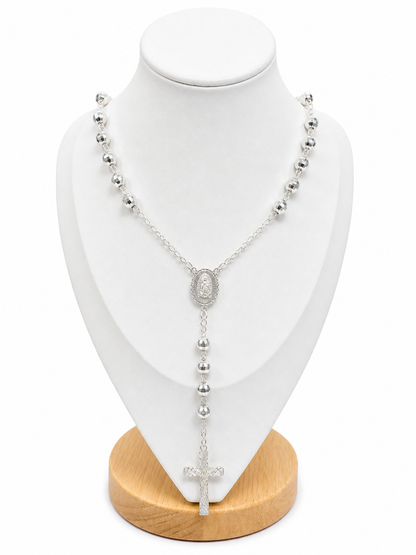 Rosary Necklace  Virgin Mary Medall Oval Sterling Silver925 - 6mm- 25”