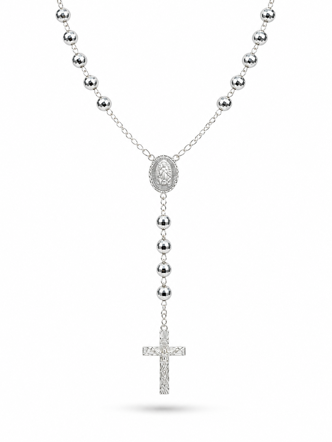 Rosary Necklace  Virgin Mary Medall Oval Sterling Silver925 - 6mm- 25”