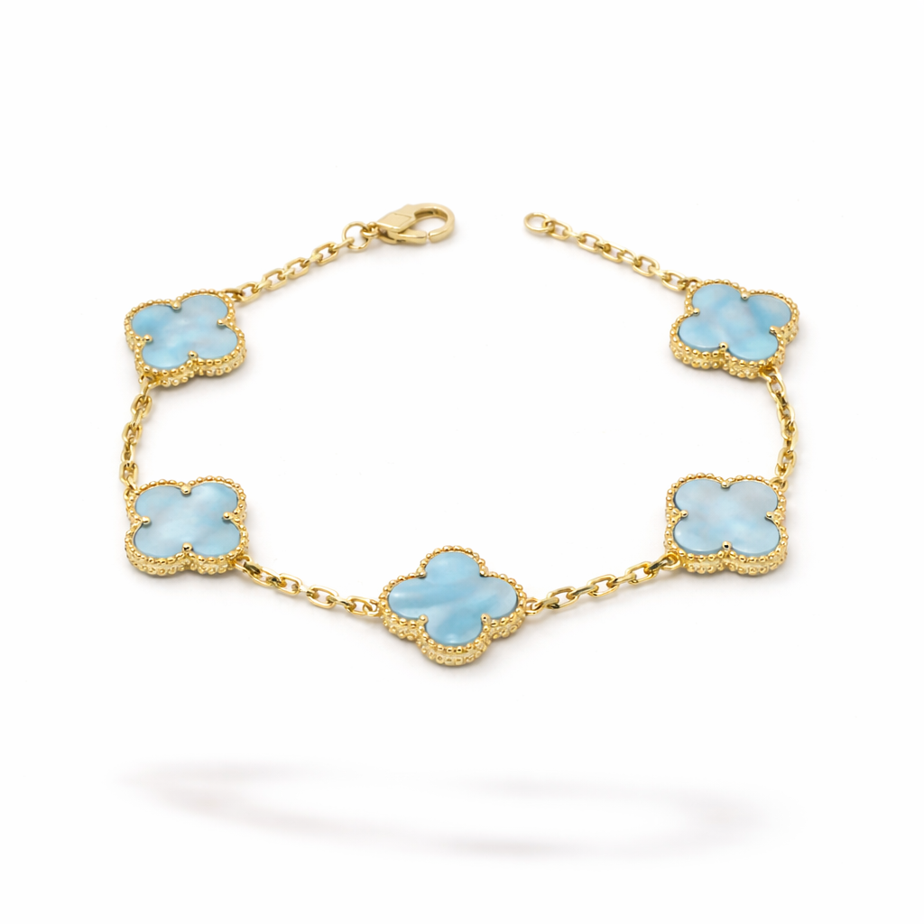 Gold Blue Clover Bracelet - Sterling Silver 925