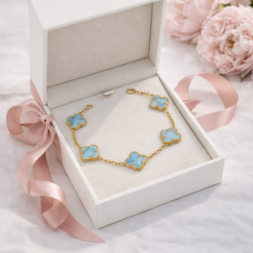 Gold Blue Clover Bracelet - Sterling Silver 925