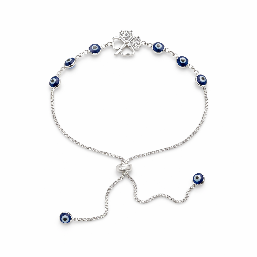 Lucky Clover Evil Eye Bracelet Adjustable 925 Sterling Silver