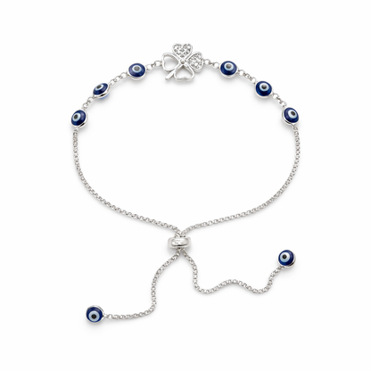 Lucky Clover Evil Eye Bracelet Adjustable 925 Sterling Silver